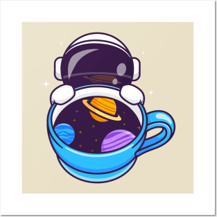 Cute Astronaut With Coffee Space Cup Cartoon Posters and Art